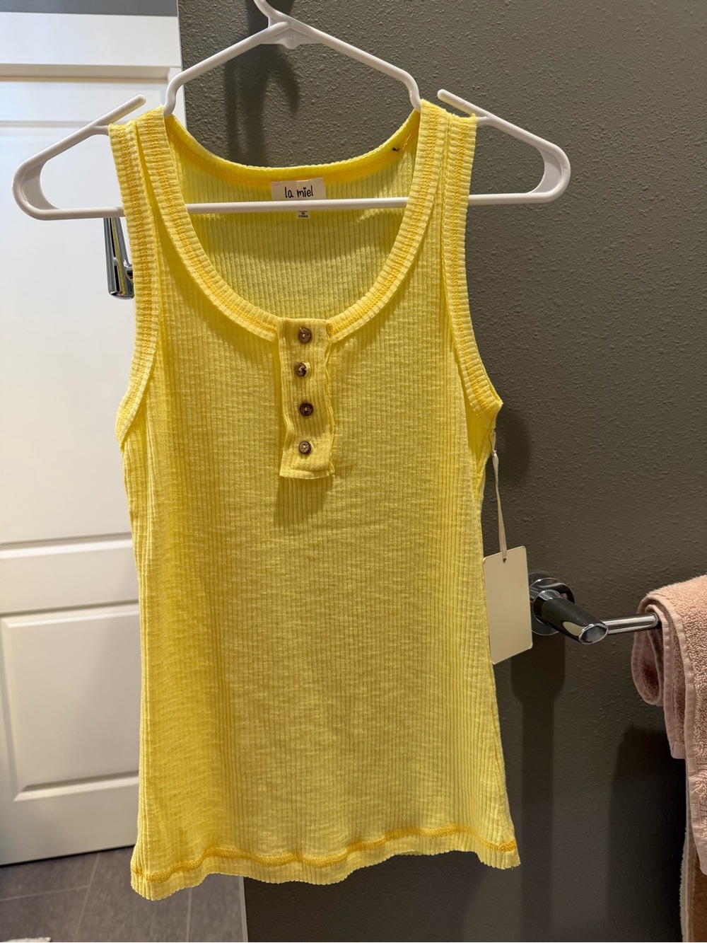 LA MIEL Sunny Yellow Ribbed Tank with Button Placket